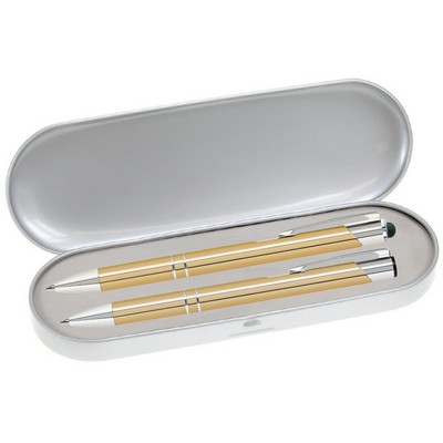 JJ Series Stylus Pen and Pencil Gift Set in Silver Tin Gift Box with Hinge Cover - Gold pen