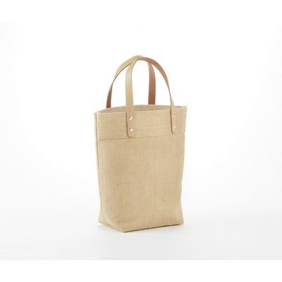 Mini Jute Gift Tote Bag with Leather handles. 11" X 13" X 7"