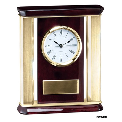 Rosewood Piano Finish Mantel Clock with Flanking Gold Columns, 7-1/2"x9"H