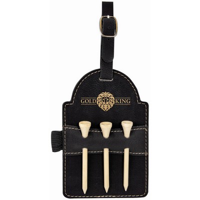 Black/Gold Laser Engraved Leatherette Golf Bag Tag with 3 Wooden Tees (5" x 3 1/4")