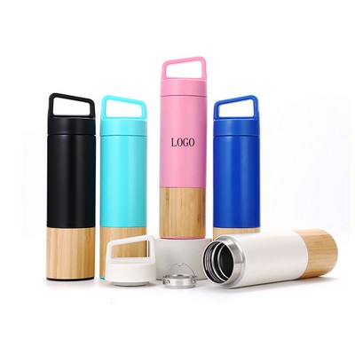 Bamboo-Wrapped Insulated Water Bottle with Handle - 18 oz