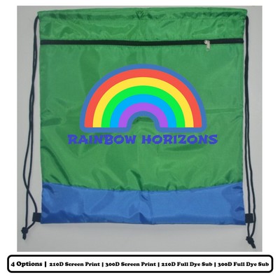 Sublimation Multi-Panel Polyester Drawstring Bag w/ Horizontal-Zip Pocket