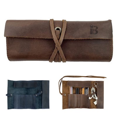 Cowhide Leather Roll Pencil Case Bag