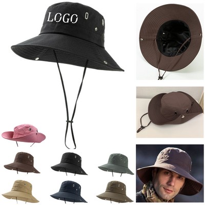 Wide Brim Bucket Hat Fishing Cap w/ Chin Cord