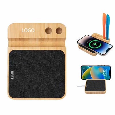 Bamboo Wireless Charger with Phone Stand and Pen Holder