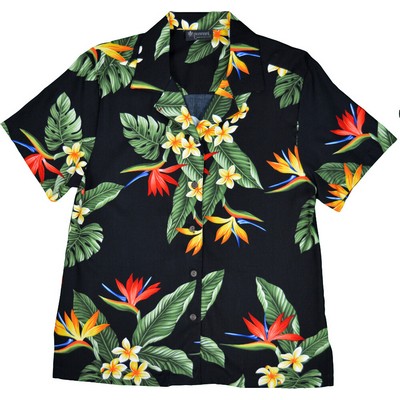 Ladies Hawaiian Tropical Print 100% Rayon Silky Feel Bahama Black Shirt - DEEP INVENTORY