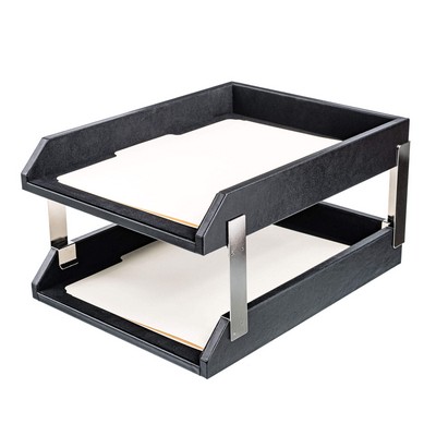 Classic Black Leather Double Front Load Letter Sized Letter Tray w/Silver Post