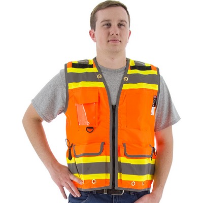 High Visibility Orange Heavy Duty Surveyor's Vest DOT Striping, Safety Vest, ANSI 2, Type R