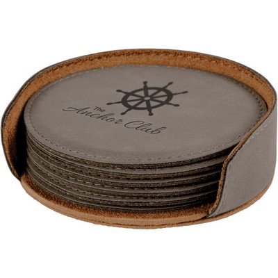 4" Round Gray 6-Coaster Set with Holder, Laserable Leatherette