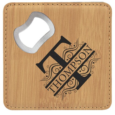 4" x 4" Square Bamboo Leatherette Coaster with Bottle Opener