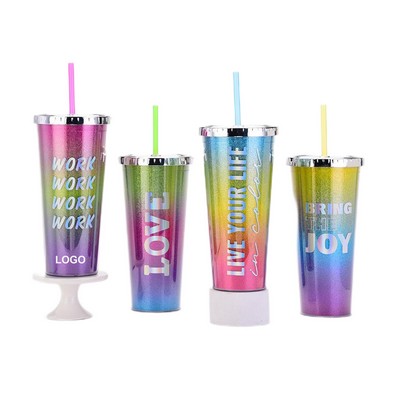 24oz Double Wall Plastic Tumbler w/Straw