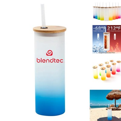 Gradient Frosted Glass Tumbler W/ With Straw & Bamboo Lid 17 Oz.