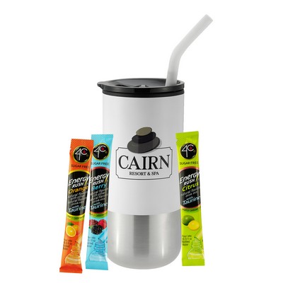 16 Oz. Stainless Steel Tumbler w/ Metal Straw Gift Set - 4C® Sugar Free Energy Rush Packets