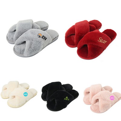 Womens Cross Band Fluffy Slippers