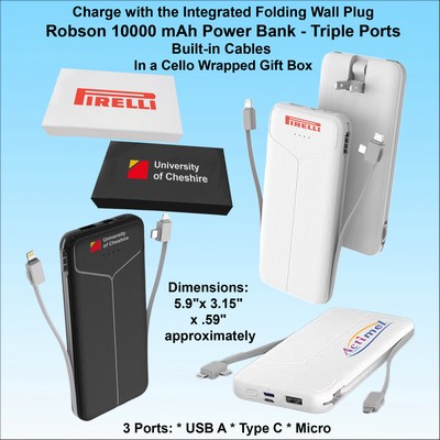 Robson 10000 mAh Power Bank - Triple Ports, Integrated Wall Plug, Built in Cables, in a Cello Wrappe