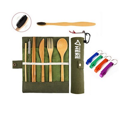 7 Pcs Bamboo Cutlery Set w/Case And Spoon, Fork, Knife