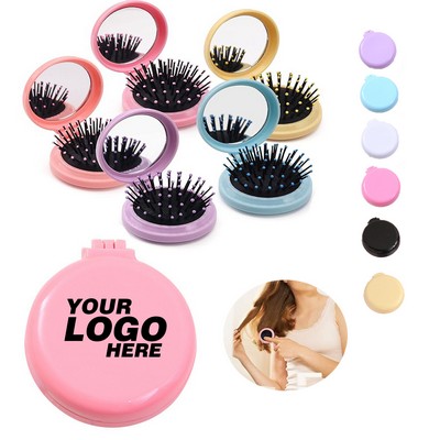 Folding Pocket Hair Brush With Mini Makeup Mirror