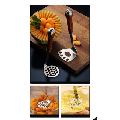 Potato Masher Kitchen Tool Stainless Steel Vegetable Masher W/ Cat Claw Shaped Wood Handle