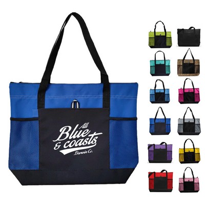 Large Polyester Shopping Travel Tote Bag with Multiple Compartment and Mesh Pocket