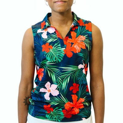 Women's Sleeveless Golf Polo - Jungle Hibiscus