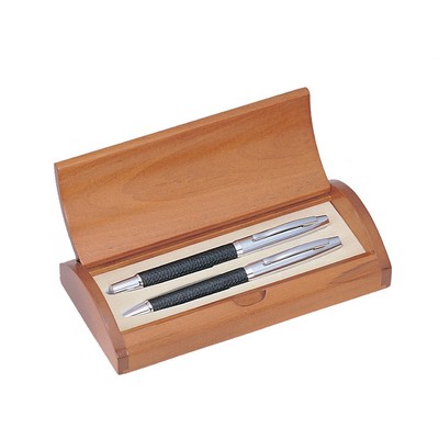 Executive Black Leather Ball Pen and Roller Ball Pen Set