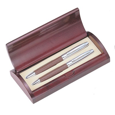 Executive Brown Leather Ball Pen and Roller Ball Pen Set