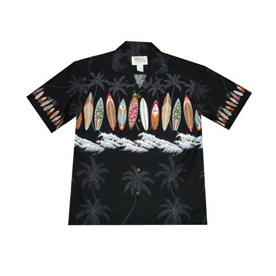 Black Hawaiian Border Print Cotton Poplin Shirt w/ Button Front