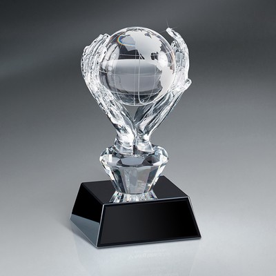 Optic Crystal Hands Holding Globe on Black Glass Base with Black Lasered Plate