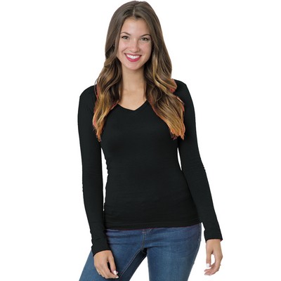 BAYSIDE Ladies' USA Made Long-Sleeve Deep V-Neck T-Shirt