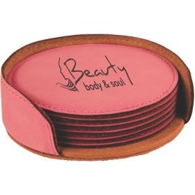 Pink Leatherette Round Coaster Set