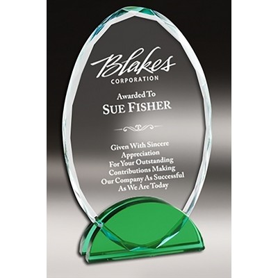 Crystal Oval Plaque with Green Double Arc Base Series, Medium (4-1/2"x 7-1/4"H)