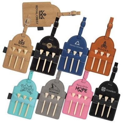 Leatherette Golf Bag Tag With w/3 Wooden Tees