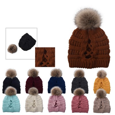 Winter Knitted Ponytail Beanie Hat with Dismountable Pompom