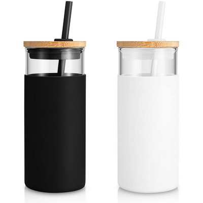 20Oz Glass Tumbler Straw Silicone Protective Sleeve Bamboo Lid