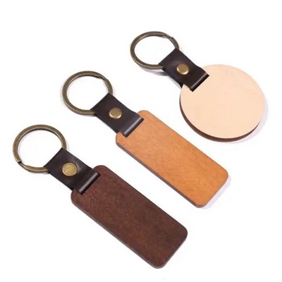 Engraved Wooden w/ Leather Keychain