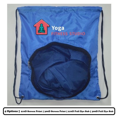 Polyester Drawstring Bag w/ Circular Mesh Pocket w/ Custom Logo