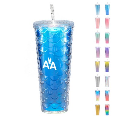 24oz Mermaid Style Plastic Tumbler with Straw and Lid - OCEAN