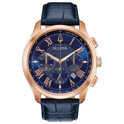 Bulova® Men's Wilton Chronograph Blue Dial Watch w/Blue Leather Strap