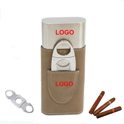 Premium PU Leather Cigar Case w/Stainless Steel Cutter 6 1/2'' x 2 4/5'' x 1''