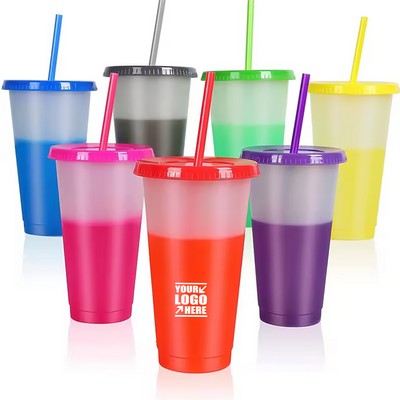 24Oz Reusable Color-Changing Tumbler With Lids And Straws