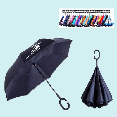 Large Windproof Inverted Reverse Upside Down Umbrella with C-Shaped Handle