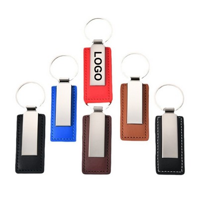 Silver Metal PU Leather Rectangular Keychain