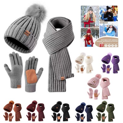 Woman Winter Beanie Hat Scarf Gloves Set