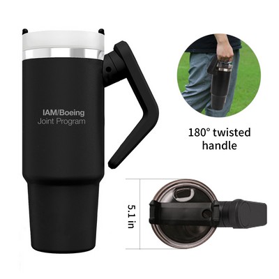 30 Oz Vacuum Insulated Stainless Steel Tumbler w/ a 180° twisted Handle (Laser Engraved)