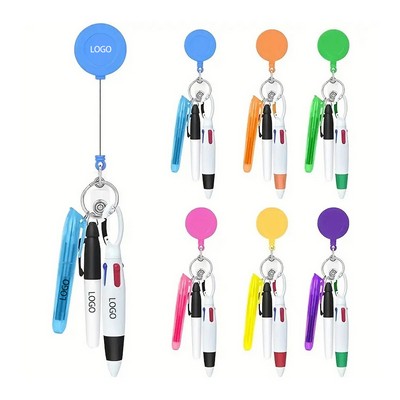 Mini Plastic Retractable Badge Clip Reel Highlighter Nursing Ballpoint Pen Set