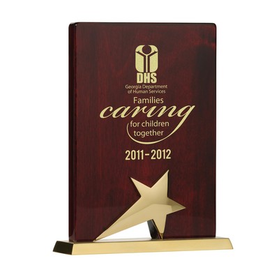 Trophy Award Plaque - 8" High Piano Wood Finish Plaque with Gold metal Star & Base