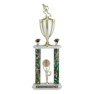 25 ½" Two Column Football Trophy & Cup w/Figure Footballs & 2" Medallion Insert