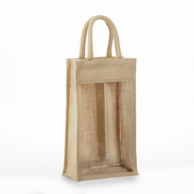 2 Bottle Clear Front Jute Wine Bag