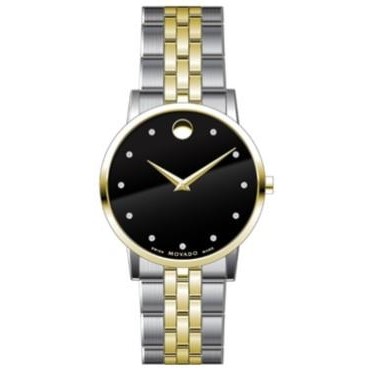 Movado Museum Classic Gents Stainless Steel Yellow Gold PVD Watch & Bracelet w/Black Dial w/Diamonds