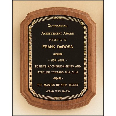 American Walnut Plaque w/Black Brass Plate, Notched Corner & Gold Design Border (7"x 8")